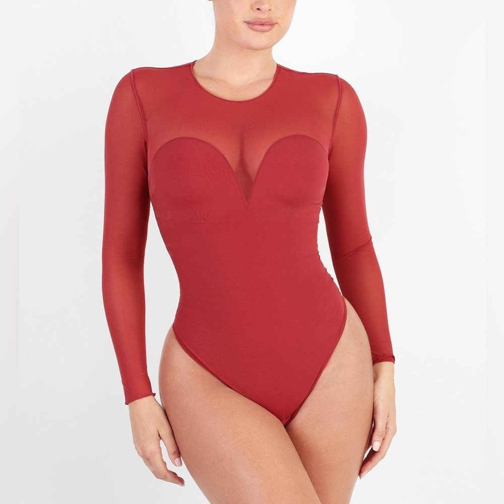 XL Popilush Red Shapewear Illusion Mesh Long Sleeve Tummy Control Bodysuit